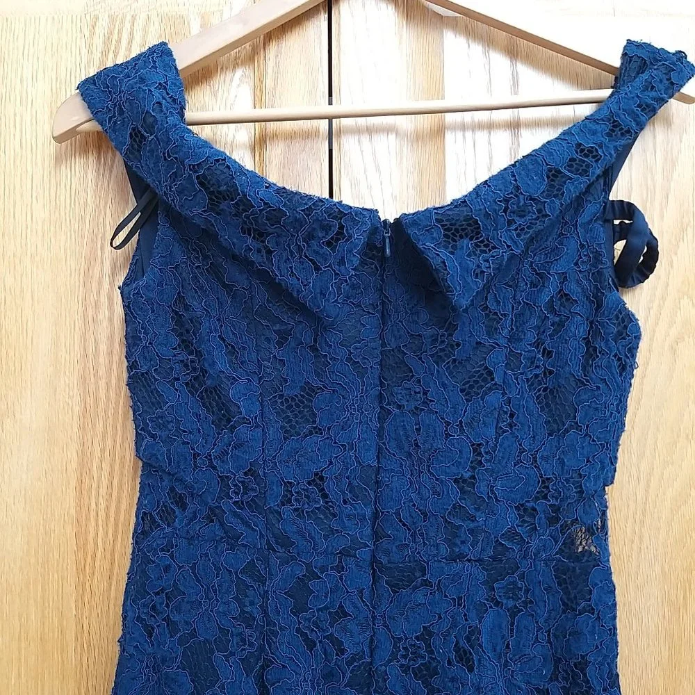 Xscape Womens Navy Lace Off-The-Shoulder Hi-Low Midi Dress Petites 2P Pre-owne - Picture 7 of 16